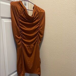 Ruched Satin Mini Dress in Rust